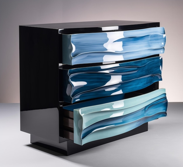 There is a black and blue dresser with three drawers generative ai