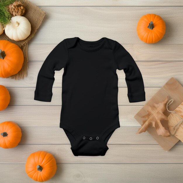 There is a black bodysuit with a black collar on a table with pumpkins generative ai