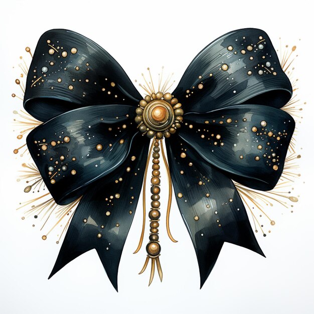 There is a black bow with gold beads and a pearl generative ai