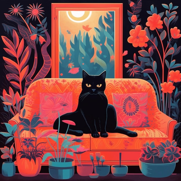 There is a black cat sitting on a couch in a room generative ai