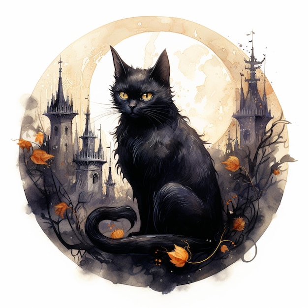 there is a black cat sitting in front of a castle generative ai