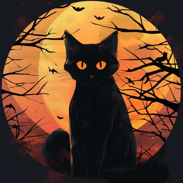 there is a black cat sitting in front of a full moon generative ai