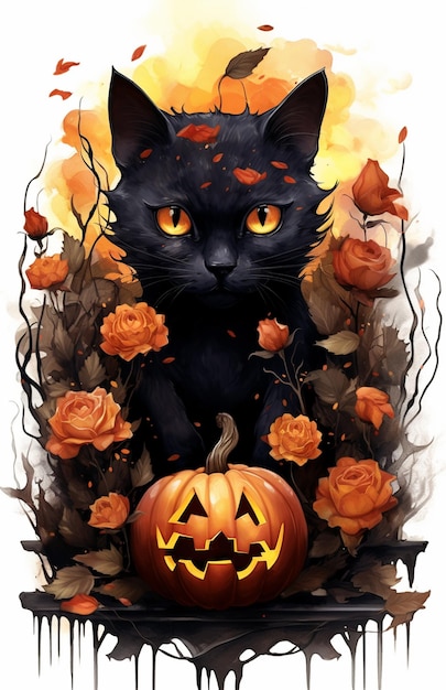 There is a black cat sitting on a ledge with a pumpkin generative ai