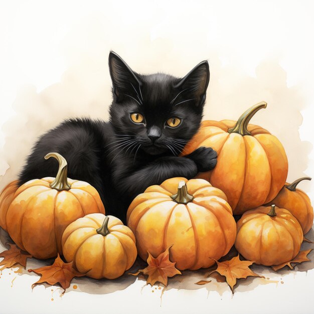 There is a black cat sitting on a pile of pumpkins generative ai