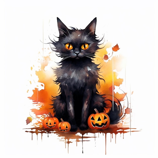 there is a black cat sitting on a pumpkin patch generative ai