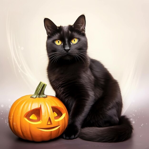 There is a black cat sitting next to a pumpkin on a table generative ai