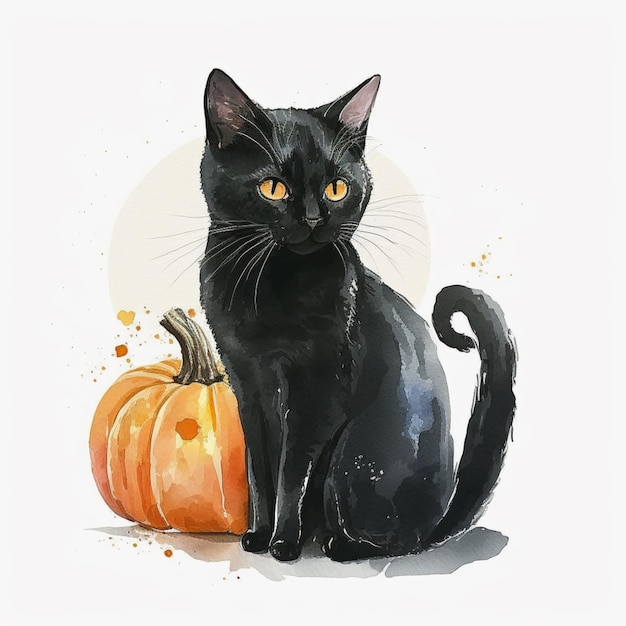 There is a black cat sitting next to a pumpkin on a white surface generative ai