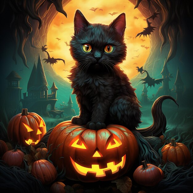 there is a black cat sitting on a pumpkin with a full moon in the background generative ai