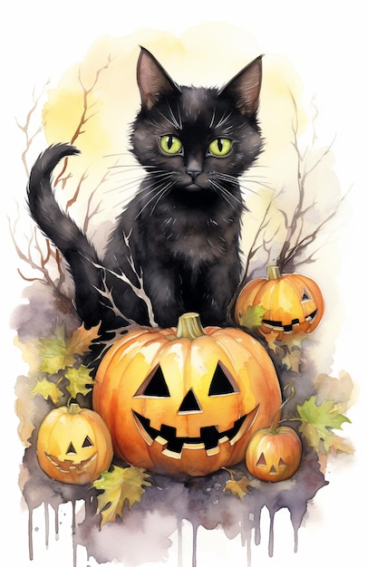 There is a black cat sitting on a pumpkin with green eyes generative ai