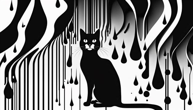 there is a black cat sitting on a stool in front of a dripping wall generative ai