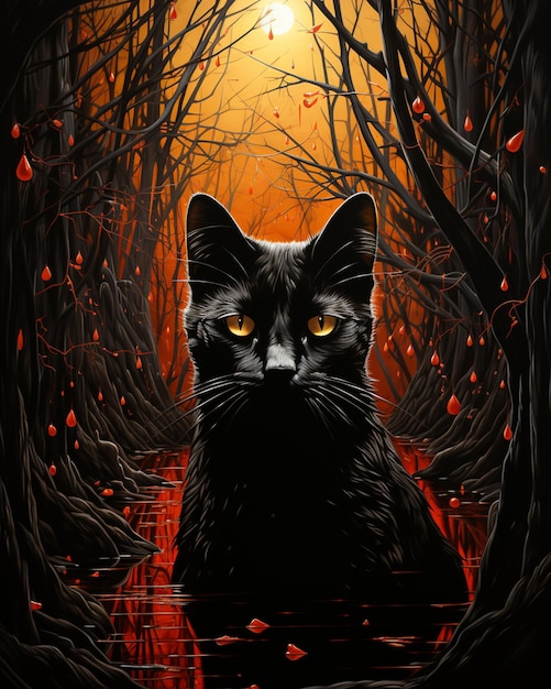 there is a black cat sitting in a swamp with red berries generative ai