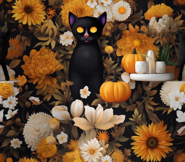 there is a black cat sitting on a table with flowers generative ai