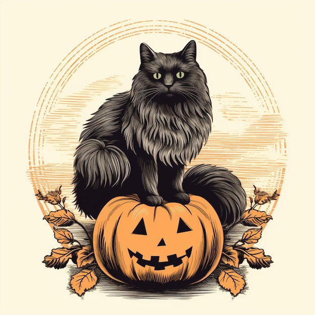 Photo there is a black cat sitting on top of a pumpkin generative ai