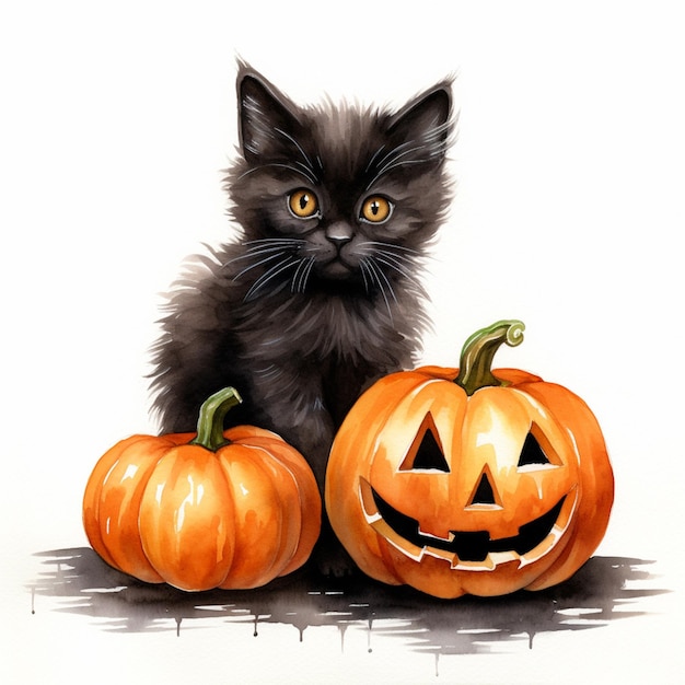 Photo there is a black cat sitting next to two pumpkins generative ai