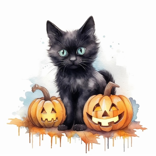 There is a black cat sitting next to two pumpkins generative ai