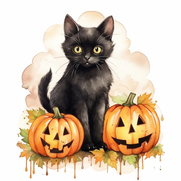 There is a black cat sitting next to two pumpkins generative ai