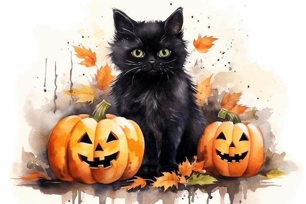 There is a black cat sitting next to two pumpkins generative ai