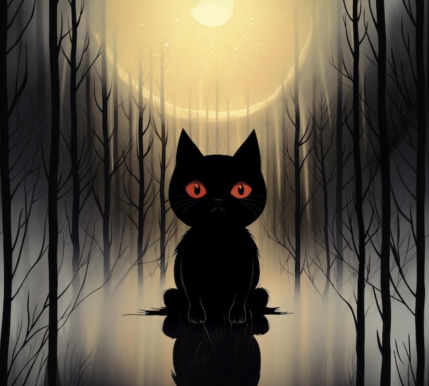 Photo there is a black cat sitting in the woods at night generative ai