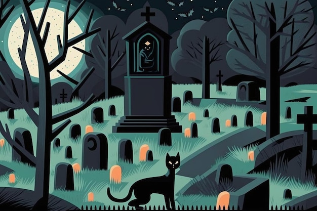 Photo there is a black cat standing in a cemetery at night generative ai