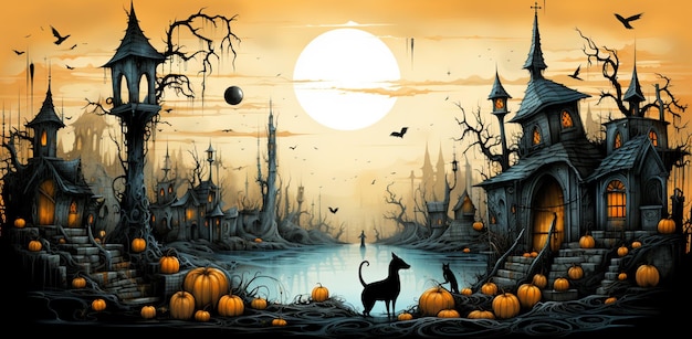 there is a black cat standing in front of a castle with pumpkins generative ai