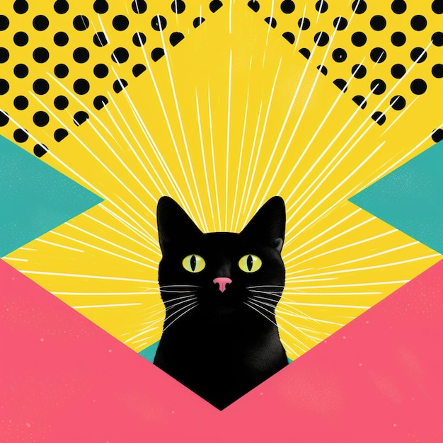 Photo there is a black cat that is looking out from behind a colorful triangle generative ai