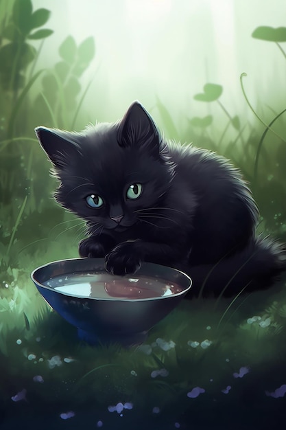 there is a black cat that is sitting in a bowl generative ai