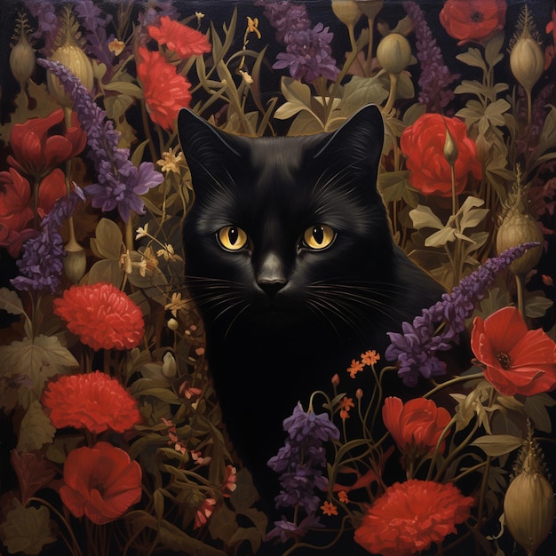 Foto c'è un gatto nero che è seduto in un campo di fiori generativo ai