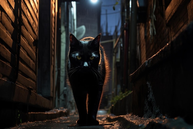 There is a black cat walking down a narrow alley way generative ai