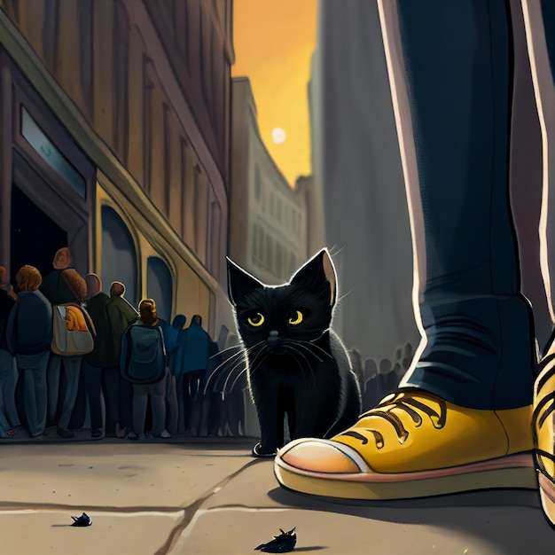 There is a black cat walking on the sidewalk next to a person generative ai