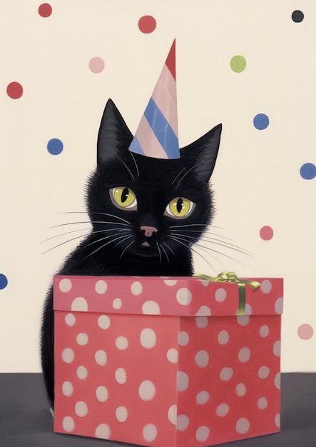 Photo there is a black cat wearing a party hat sitting in a box generative ai