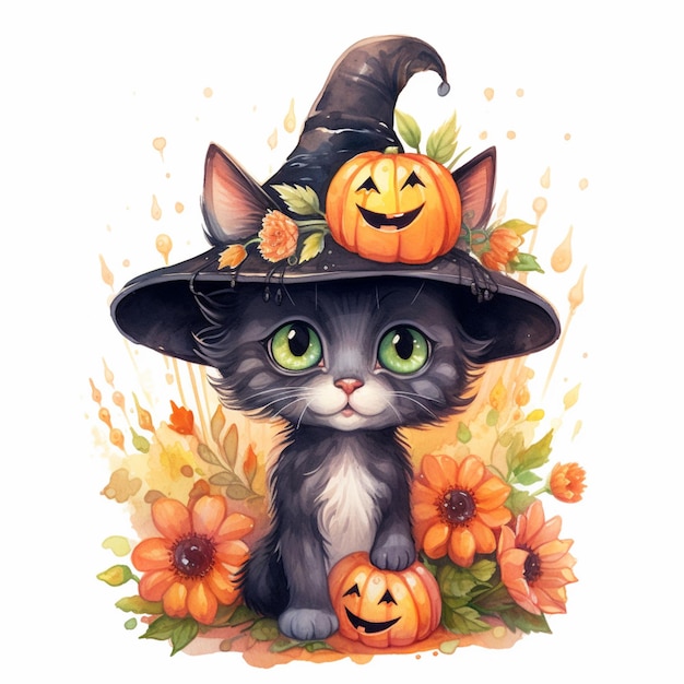 There is a black cat wearing a witch hat and pumpkins generative ai