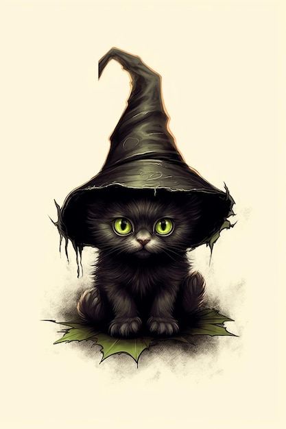 There is a black cat wearing a witch hat and sitting on a leaf generative ai