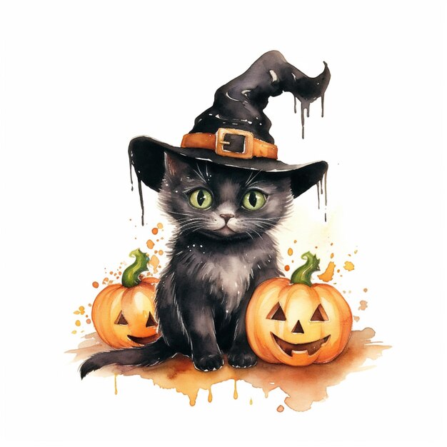 there is a black cat wearing a witch hat and sitting next to two pumpkins generative ai