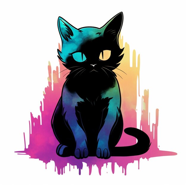 There is a black cat with blue eyes sitting on a colorful background generative ai