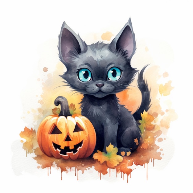 There is a black cat with blue eyes sitting next to a pumpkin generative ai