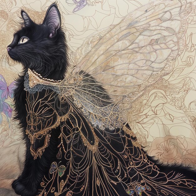 Photo there is a black cat with a fairy costume on sitting on a couch generative ai