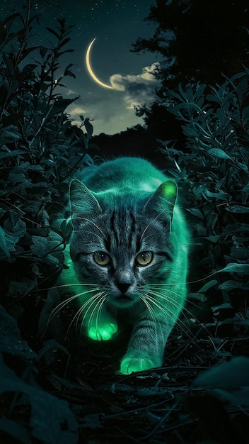 Photo there is a black cat with green eyes staring at the moon generative ai