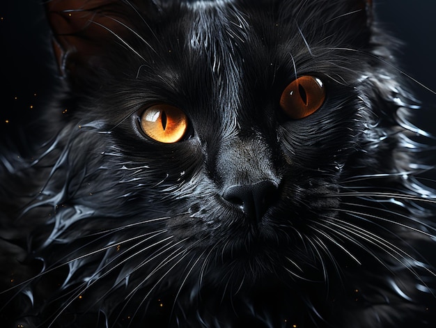 there is a black cat with orange eyes and a black background generative ai