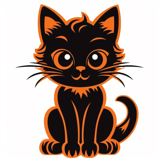 흰색 표면 생성 AI에 주황색 눈을 가진 검은 고양이가 앉아 있습니다.