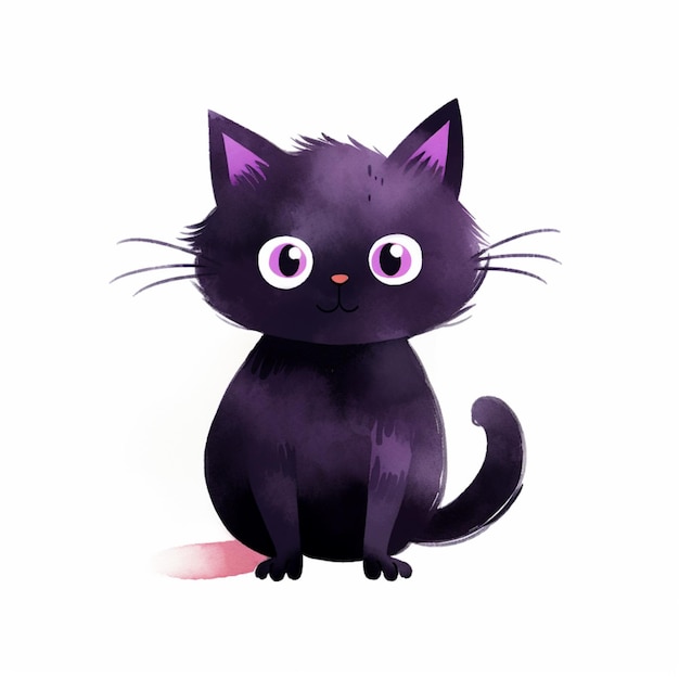 색 표면에 보라색 눈을 가진 검은 고양이가 앉아 있습니다.