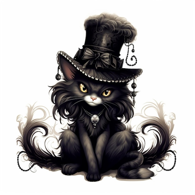 There is a black cat with a top hat and a necklace generative ai