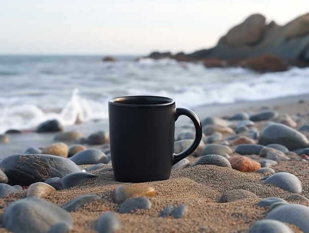 there is a black coffee cup sitting on a beach with rocks generative ai