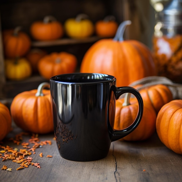 there is a black coffee cup sitting on a table with pumpkins generative ai