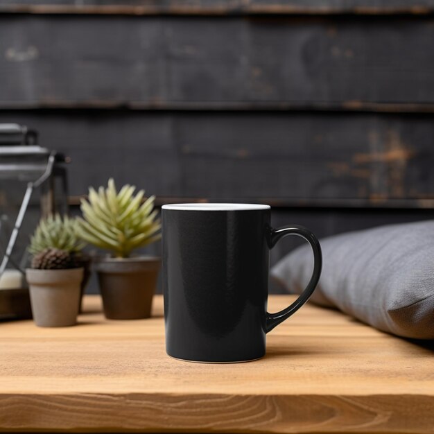 there is a black coffee cup sitting on a wooden table generative ai