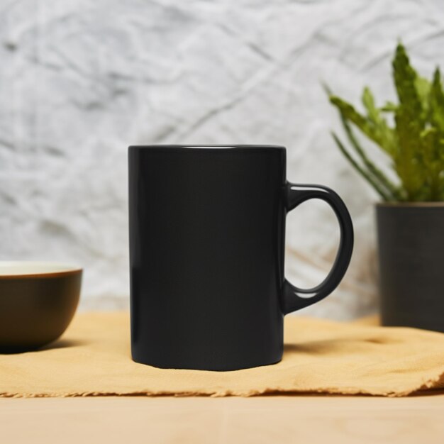 there is a black coffee mug sitting on a table next to a bowl generative ai