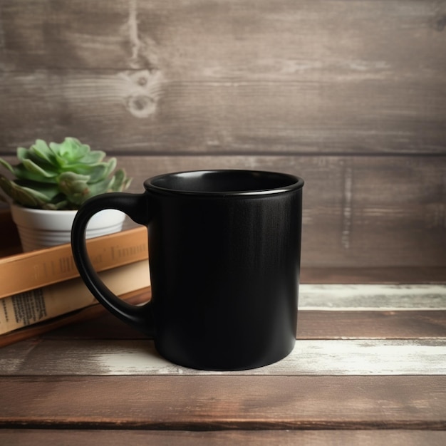 there is a black coffee mug sitting on a table next to a stack of books generative ai