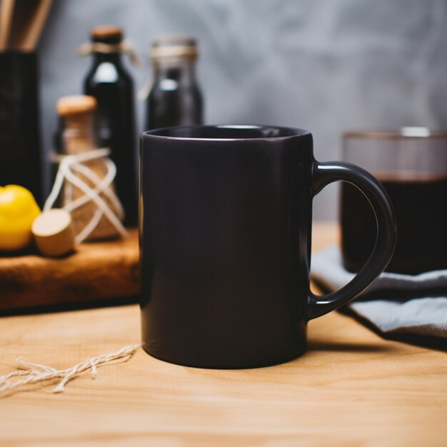 there is a black coffee mug sitting on a table with a lemon generative ai