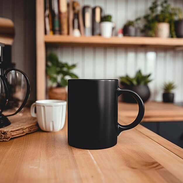木製のカウンターの上に黒いコーヒーのマグカップが置かれています