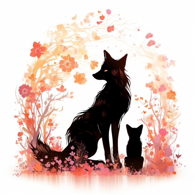 there is a black dog and a cat sitting in the grass generative ai