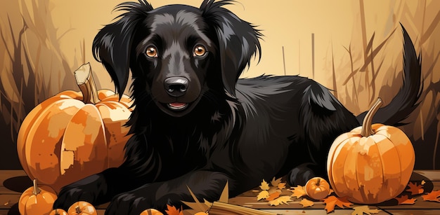 there is a black dog laying on the ground with pumpkins generative ai